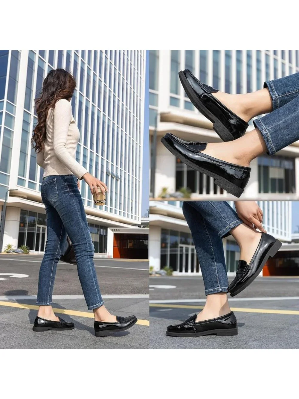 Women's Black Leather Comfortable Penny Loafers Slip On Casual Walking Shoes